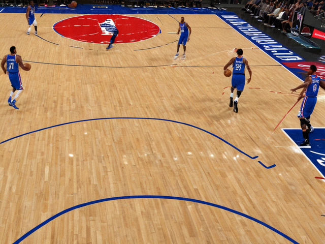 NBA比赛现场，球员在三分线外出手投篮