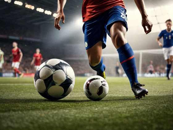 足球运动员在比赛中带球突破，身后有防守球员跟进