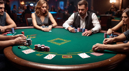 大型扑克锦标赛现场：多张牌桌同时进行比赛